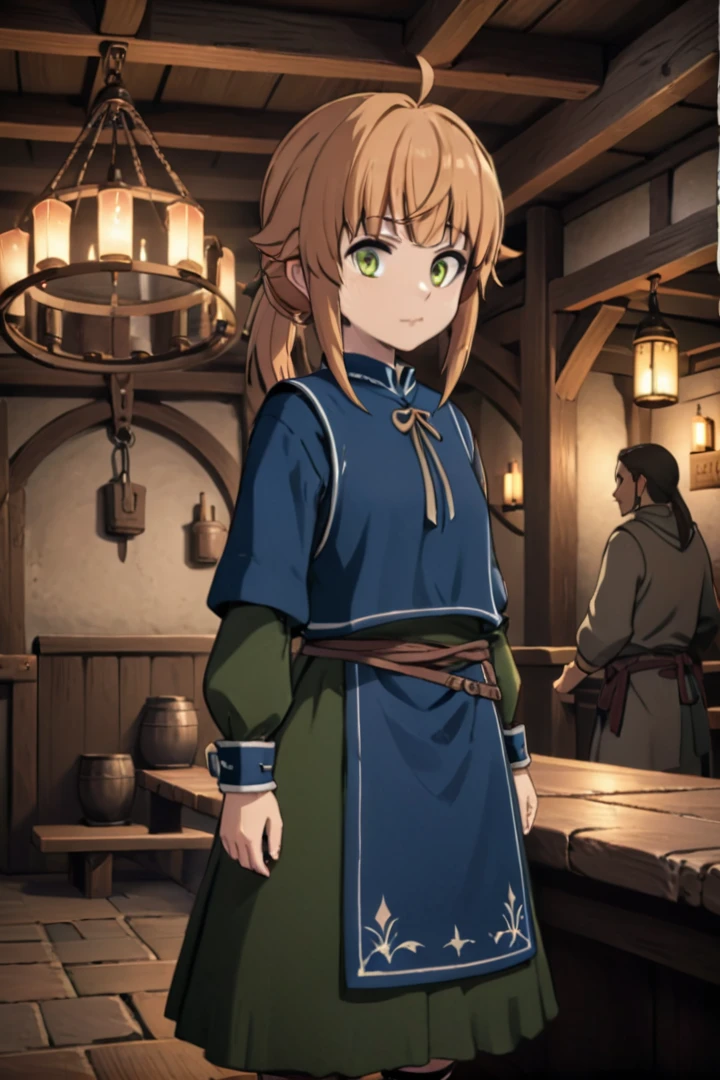 1 8-year-old girl, (Norn Greyrat), Standing in a medieval tavern and looking at the viewer,  Her face is fine and smooth, Her eyes are super small, A masterpiece with soft lighting and detailed environments.、Create immersive environments that inspire your imagination,
Draw in the style of Mushoku Tensei,
Ultra-detailed, High-quality visuals, Dim lighting, Sharply focused, Octane Rendering, 8K Ultra HD