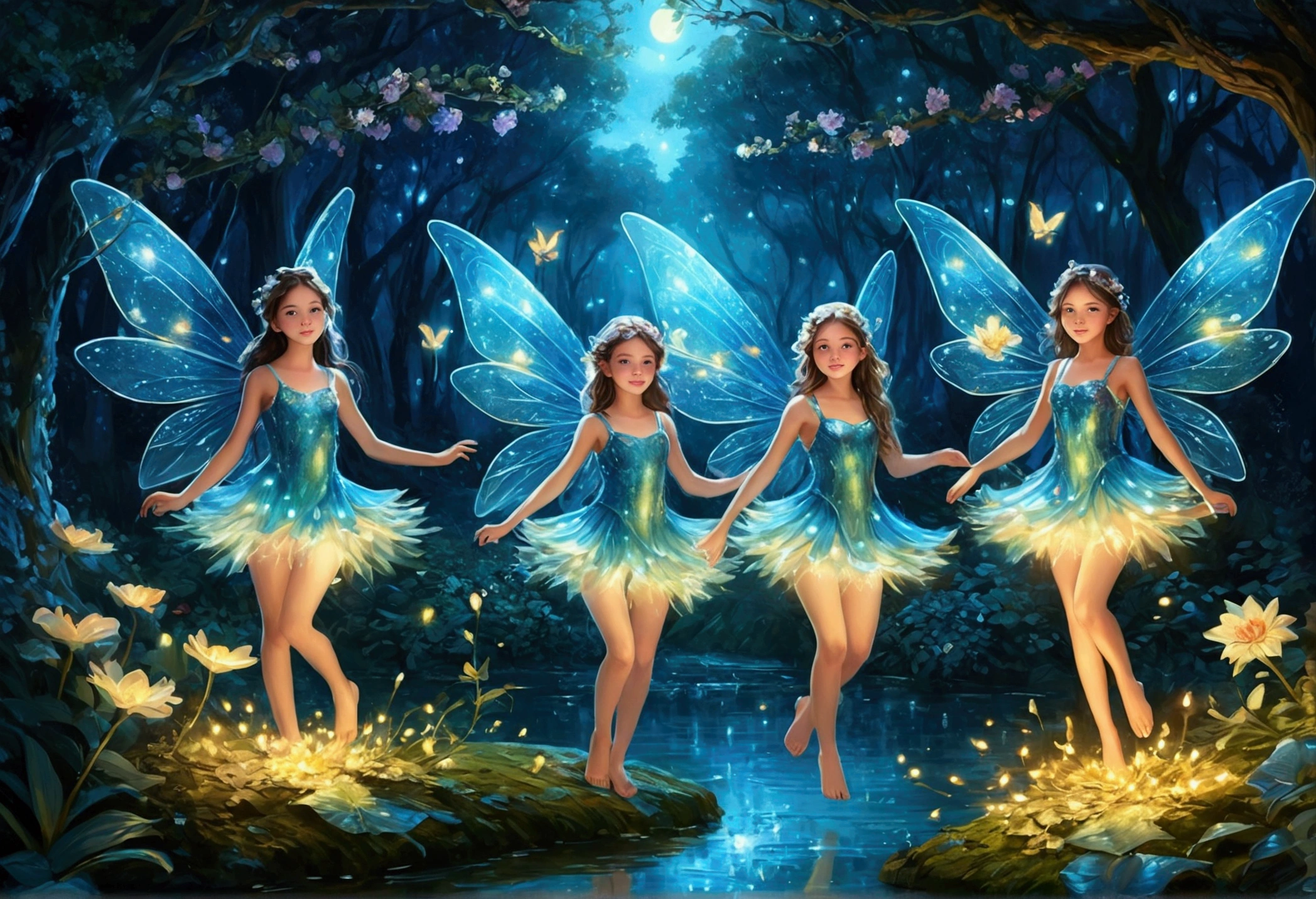 Four little shining beautiful fairies with transparent wings、Flying through a night forest landscape with beautiful flowers, Bushes, Carbonated water, Side job (Highly detailed CG Unity 16k wallpaper), The most beautiful works of art in the world, Professional majestic oil painting, Complex, High resolution, Sharp focus, dramatic, Realistic, Painting art, Ultra-realistic, (Van Gogh Style)