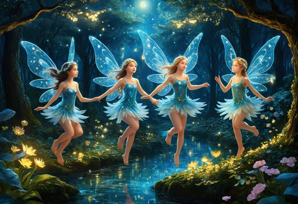Four little shining beautiful fairies with transparent wings、Flying through a night forest landscape with beautiful flowers, Bushes, Carbonated water, Side job (Highly detailed CG Unity 16k wallpaper), The most beautiful works of art in the world, Professional majestic oil painting, Complex, High resolution, Sharp focus, dramatic, Realistic, Painting art, Ultra-realistic, (Van Gogh Style)