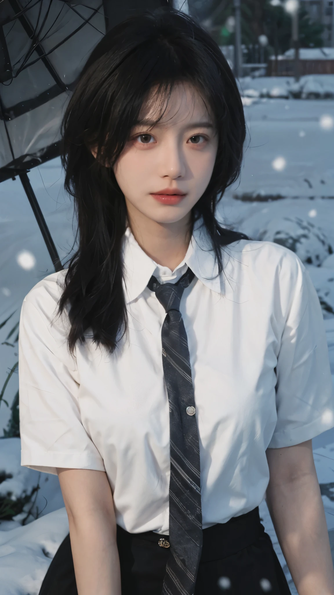 Best quality,masterpiece,Ultra-high resolution,snow,16K,Snow background,(Photo Realism:1.4),1 Girl,JK,Sexy,(Shirt and Tie:1.2),(Big breasts:1.3),(Upper body:1.4)