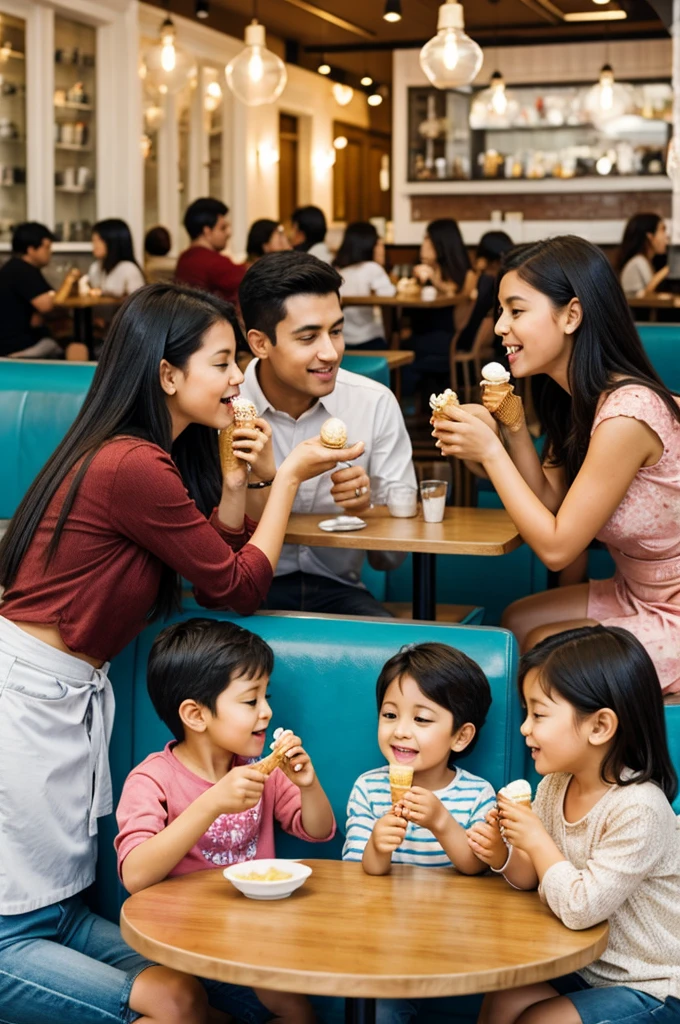 Family eating ice cream in a cafe