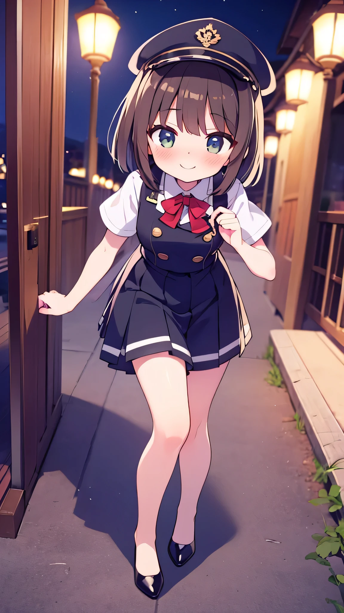 {Highest quality}, {Super beautiful},{Ultra fine},{Best illustration},Brown Hair,Hime cut,semi-long,Bangs,Standing Woman,Uniform cap,White Shirt,Short sleeve,Long black skirt,Night Park,Embarrassed,smilingly,Blushing,Slender women, A woman wearing plain black pumps,Bare feet and pumps,From an angle,From above