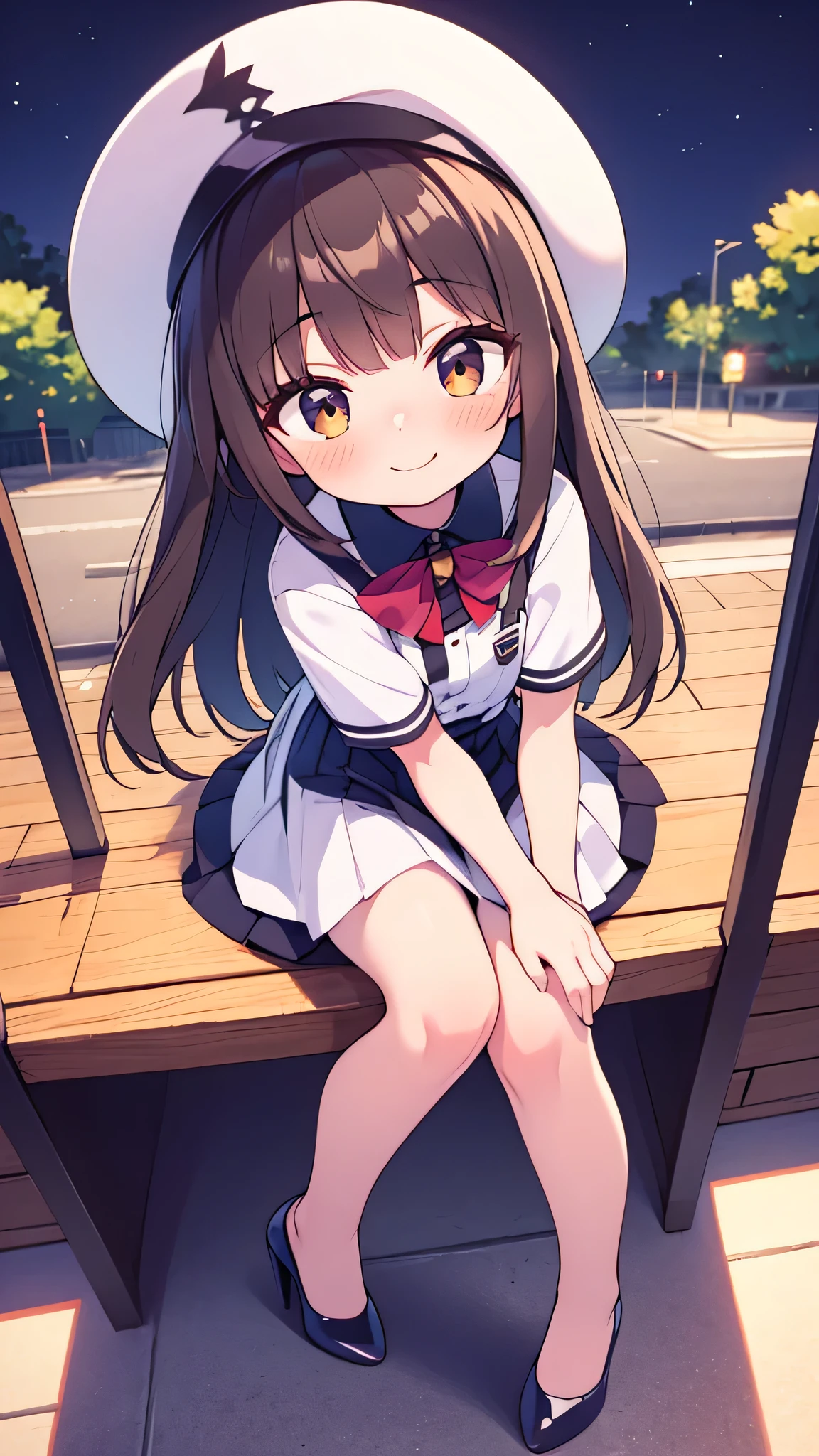 {Highest quality}, {Super beautiful},{Ultra fine},{Best illustration},Brown Hair,Hime cut,semi-long,Bangs,Standing Woman,Uniform cap,White Shirt,Short sleeve,Long black skirt,Night Park,Embarrassed,smilingly,Blushing,Slender women, A woman wearing plain black pumps,Bare feet and pumps,From an angle,From above