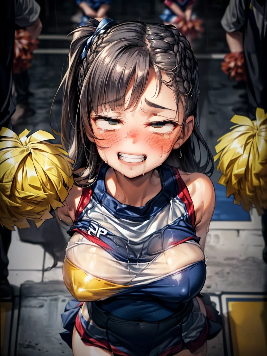(Very tiny girl rides guy perfectly:1.5)、(Petite girl riding:1.3)、(Big Breasts:2)、(eyes half closed:1.9)、(Grin:1.4)、(tears:1.2)、(The body shakes violently)、8k resolution、 ((Highest quality))、Anatomically correct、(Cheerleader:1.9)、((Hasselblad Photos))、[:(Detailed face:1.2):0.2]、(heavy rain:1.5)、(Sweaty:1.6)、((Top view:1.6))、(braid one's hair:1.5)、(Loss of strength from the body:1.3)、(呻吟)、(Jump:1.6)、((Surrounded by a lot of middle-aged men:1.6))、(Upper Body:1.9)、(Leaning forward:1.6)、(Groping the chest:1.6)、((kiss:1.6))、(rape a woman from behind:1.8)
