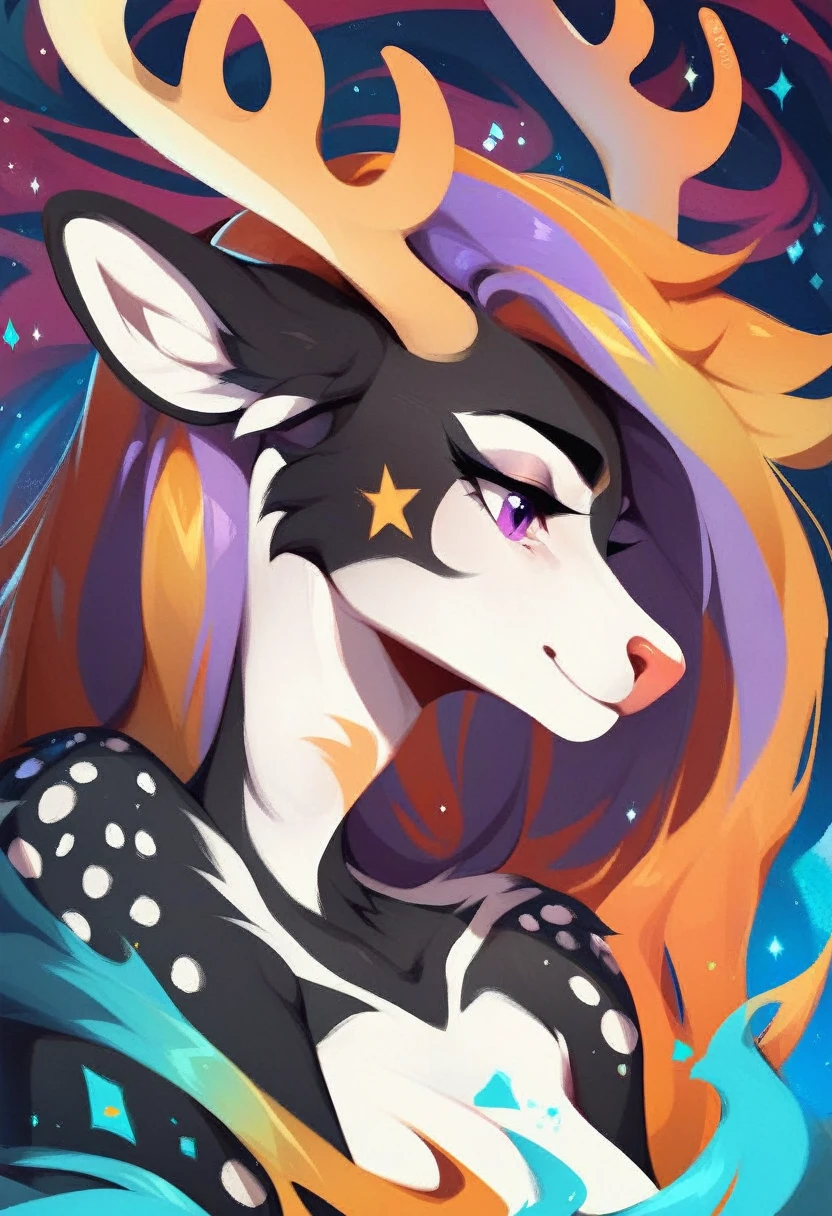 The furry is an anthropomorphic deer-wolf hybrid with white antlers and vivid purple eyes. She has predominantly black fur with golden highlights and streaks, particularly around her head and shoulders, and white fur on her underside and paws. Her golden claws and the distinct golden markings under her eyes and on her legs add to her mystical appearance. The character exudes an ethereal and regal aura, set against a backdrop of classical columns.