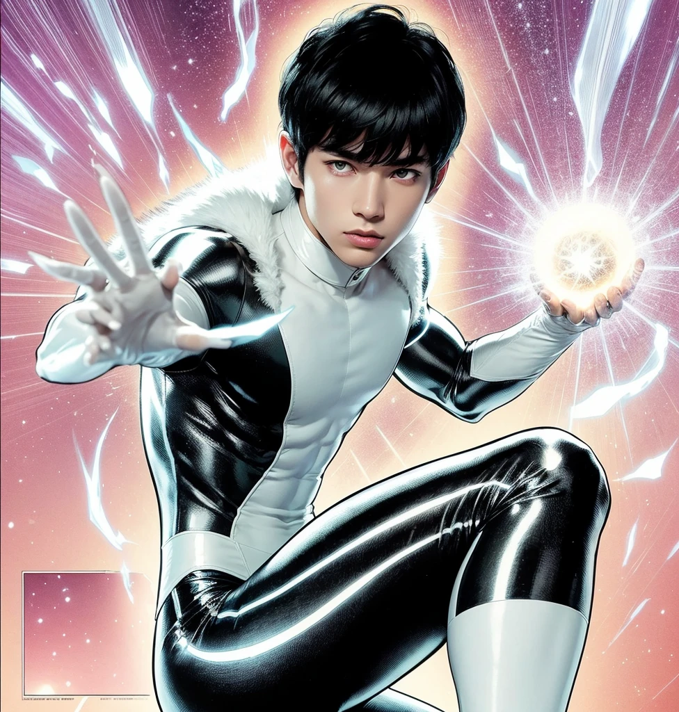 American classic comic book art: Mind Telepathy, handsome delicate ethereal young man, silky black short hair with bangs, tight black and white outfit with white fur collars, pointed ears, black tight leggings, long white gloves, emanating white energy, very young face boy Asian, ethereal male delicate body, Northstar Marvel, big city,butt, thighs, levitating crystals, magic light pink energy, white eyes, focus on face, classic comic book