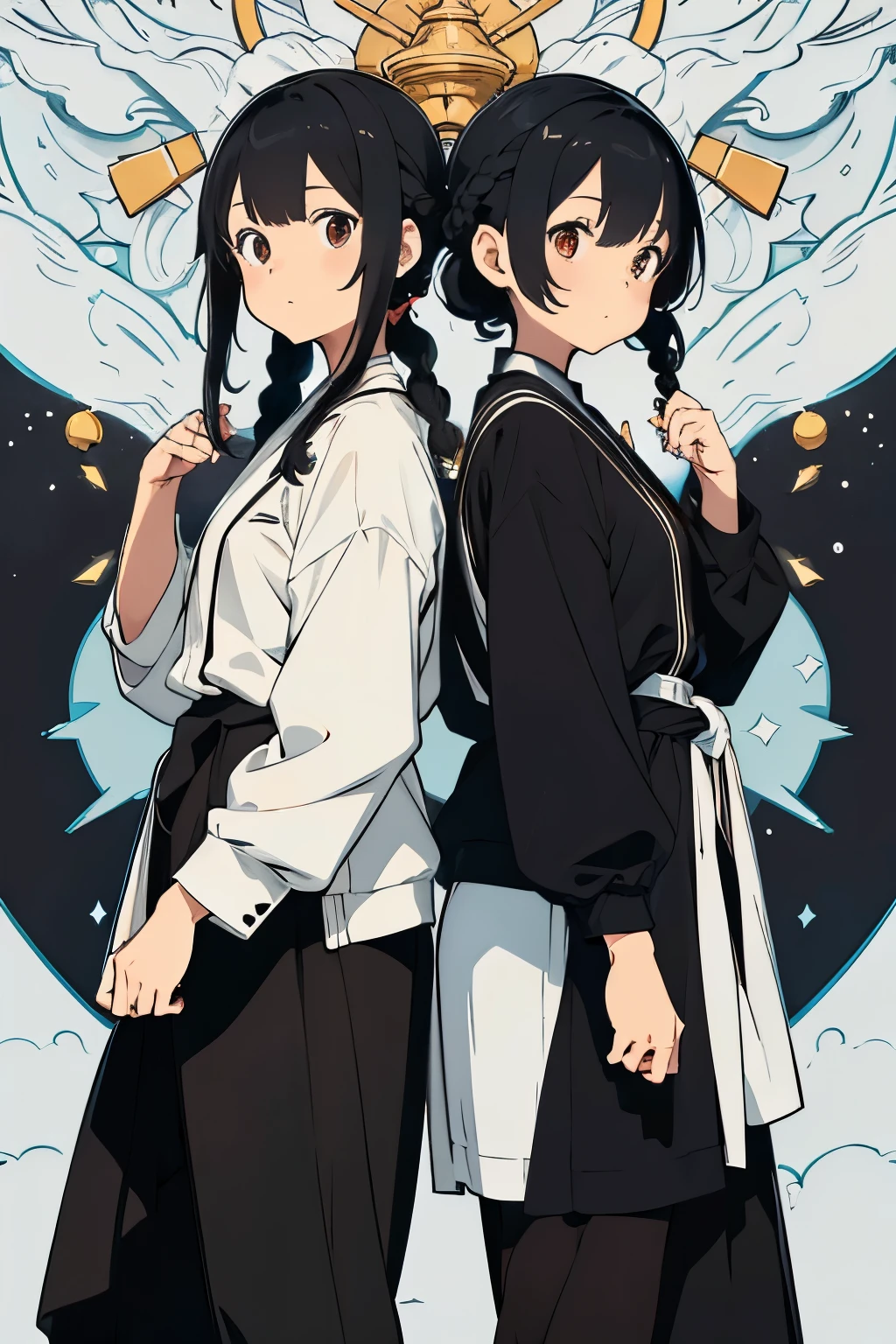 The picture needs to show two black-haired girls standing back to back 1.Wearing a Chinese white robe,Comb two ball heads,There are two long braids hanging under the ball head.,Braided pigtail with bells,The expression looks very cold。。。Girl 2.short hair,Wearing a black suit,Looks very good
