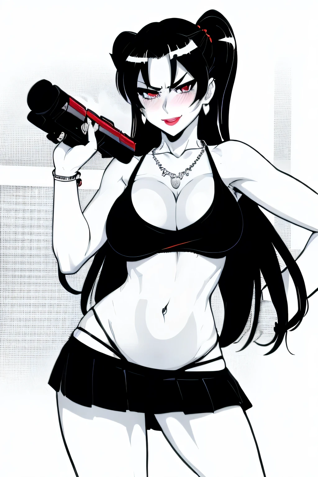 momiji, long hair, blush, lipstick, jewelry, earrings, Hot girl, baddie, staring, glaring, bad attitude, mean girl, dare, angry, hate, crazy, smoking, sensual, attractive , blush, lipstick, masterpiece, best quality, ((unbuttoned , cleavage, necklace, earrings, sexy body,
breasts)) , micro skirt, smiling, navel , exposed belly, exposed navel,school,knot,
classroom , holding a gun, hold a gun