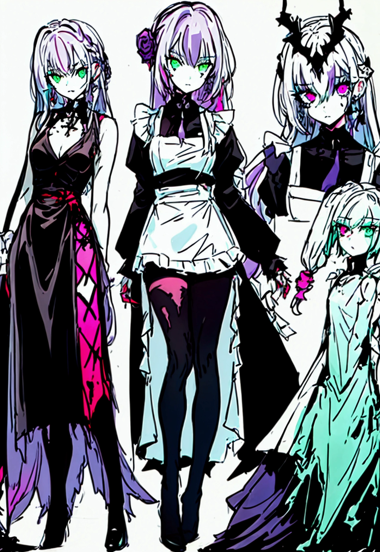 sketch (Character design sheet, same characters, whole body, Three-View, front, ~ ~ ~ ~ side, return),(Very bright:1.1), Sunset background, [1 Girl:7], (Tilt your head:1.2), ([sketch|watercolor \(Moderate\)]:1.15),Chaotic Abstractionな背景, Vector Trace, グラデーションブレンディング and whole body, Artistic elements add depth to the work. The overall atmosphere is creepy and nightmarish...., With a unique artistic touch. This movie is、The dark and crazy world of horror movies depicted in HD., Evoke visual stimuli and aesthetic sense, that will terrify and excite the audience....,watercolor画, （Lightless, Eyes without highlights, evil eye, An ugly person with white eyes, that&#39;Red eyeliner）,whole body絵, Wearing a maid outfit （Gradient braided hair, (Light purple hair), (Ink blotches:1.1), (pale:1.2),(Light purple:1.2),(Light green:1.2)　Adult features,expensive, Wearing black tights,Green Eyes, The skin is hidden　and maid, The background is a dark and desolate landscape, Horror movie atmosphere. Her figure is very beautiful, Emphasizing the dark and crazy elements. Skillfully expressing the effects of light and shadow, detailed, The face and expression of the black costume are also carefully drawn....,sketch (Character design sheet, same characters, whole body, Three-View, front, ~ ~ ~ ~ side, return) 1 female, Nervous,Cowboy Shot,,(Very bright:1.1), White Background, [1 Girl:7], (Tilt your head:1.2), ([sketch|watercolor \(Moderate\)]:1.15),Chaotic Abstraction