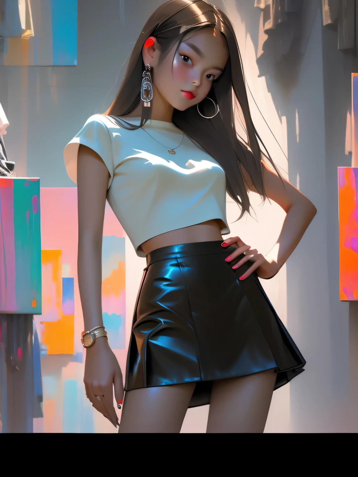 ムラムラする女の子、(dark brown eyes:1.2),1 girl、long legs,Silver Hair、Dark brown eyes、Shining Eyes、Crop top、mini skirt、Parted lips、1woman wearing trendy clothes, in an abstract oil painting style, fashion show, The painting is ultra-high detailed and has a resolution of 8k, showcasing the best quality,creating a mysterious atmosphere , luminous design, vivit colours,spring lights,Artistic,azure, red, (Bare legs:1.1), (black high heels), black short skirt