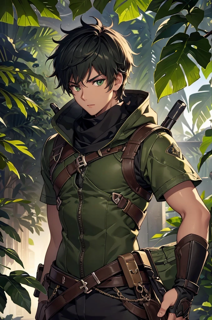 (Top quality details:1.22), 8K, High Resolution, Super detailed, High-quality texture, Intricate details, Detailed Texture, In detail, High detail, High Quality Shadows, Beautiful and kind eyes, Depth of written boundary, dark theme, 1boy, green eyes, black hair with green tips, adventuring gear, adult, male, tanned skin, brown skin, elliptical pupils