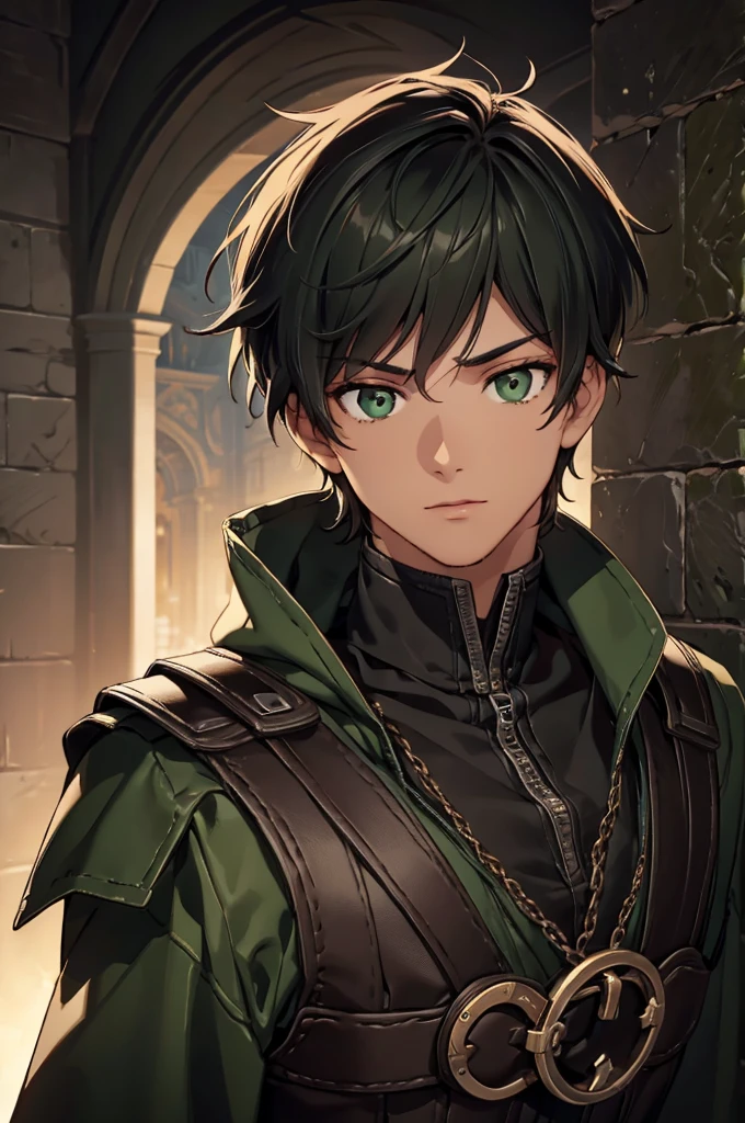 (Top quality details:1.22), 8K, High Resolution, Super detailed, High-quality texture, Intricate details, Detailed Texture, In detail, High detail, High Quality Shadows, Beautiful and kind eyes, Depth of written boundary, dark theme, 1boy, green eyes, black hair with green tips, adventuring gear, adult, male, tanned skin, brown skin, elliptical pupils