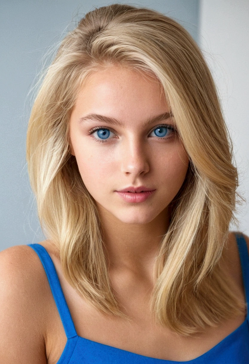 Une fille blonde de 21 ans, très belle avec de beau et long cheveux lisse, avec un haut épaule dénudée moderne et une poitrine imposante, yeux bleu parfait symétrique, image de plein pied, corps entier dans sa chambre, type ultra réaliste, ffashion et style vestimentaire moderne.