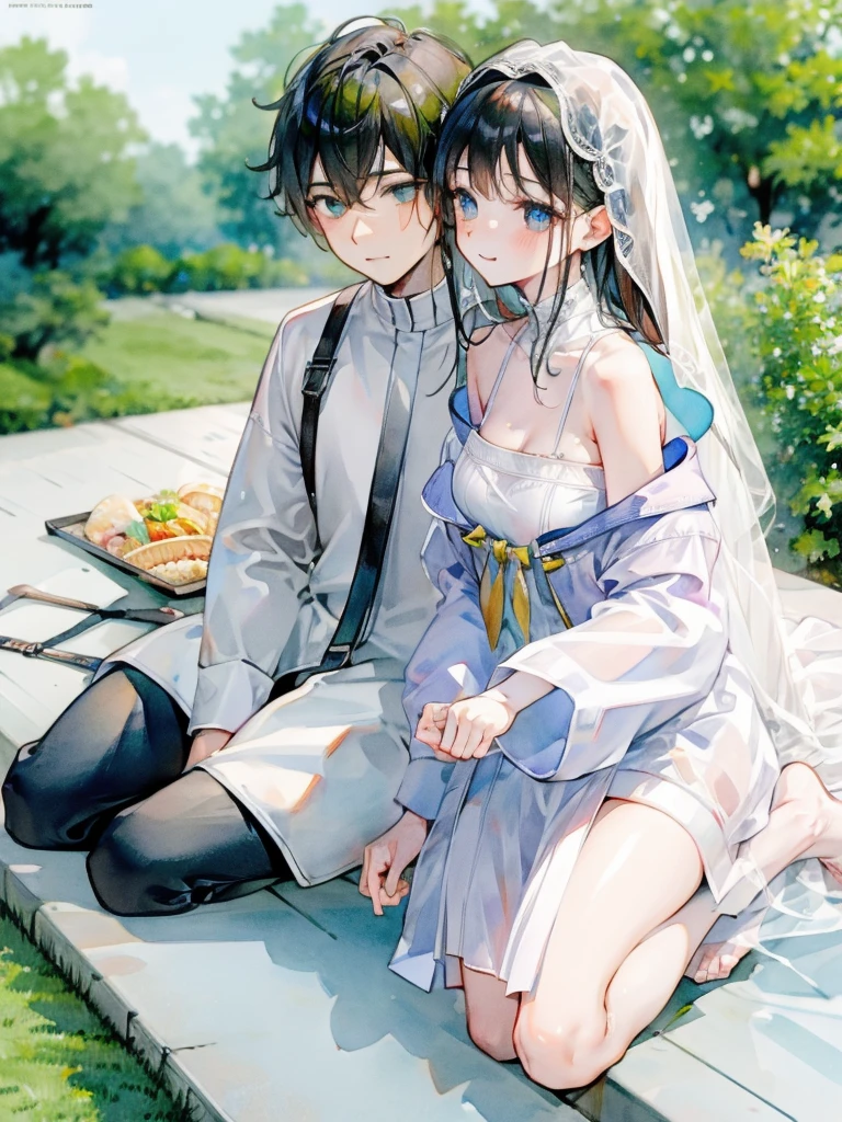 couple, (1man, 1woman), casual cloth, cute couple, happy smile, sitting on grass, romantic atmosphere, having fun, picnic, married couple, close up, zoom in, detailed face, dreamy eyes, soft light, romance, novel cover, webtoon, anime style, comic, watercolor, by makoto sinkai, modern era, good proportion, different height, symmetry, (HD, 4K, high resolution, masterpiece, absurdres)