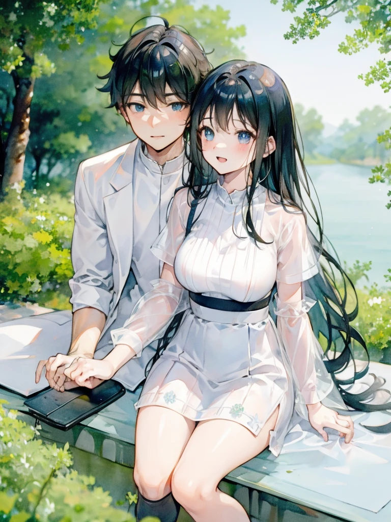 couple, (1man, 1woman), casual cloth, cute couple, happy smile, sitting on grass, romantic atmosphere, having fun, picnic, married couple, close up, zoom in, detailed face, dreamy eyes, soft light, romance, novel cover, webtoon, anime style, comic, watercolor, by makoto sinkai, modern era, good proportion, different height, symmetry, (HD, 4K, high resolution, masterpiece, absurdres)