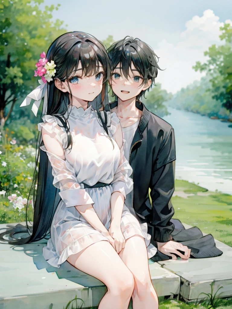 couple, (1man, 1woman), casual cloth, cute couple, happy smile, sitting on grass, romantic atmosphere, having fun, picnic, married couple, close up, zoom in, detailed face, dreamy eyes, soft light, romance, novel cover, webtoon, anime style, comic, watercolor, by makoto sinkai, modern era, good proportion, different height, symmetry, (HD, 4K, high resolution, masterpiece, absurdres)