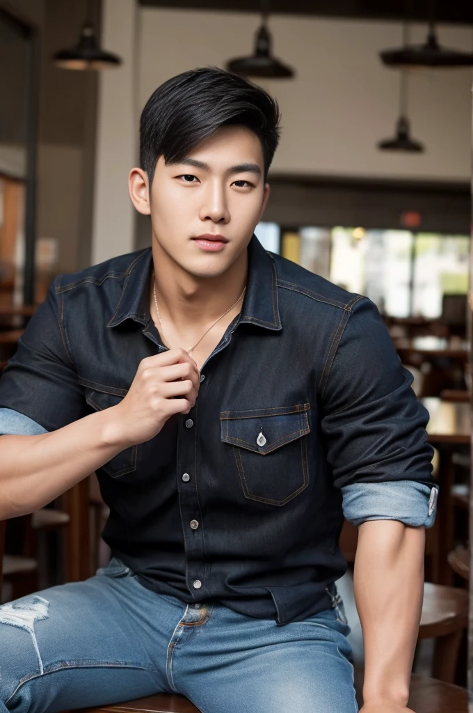 ((realistic daylight)) , Young Korean man in black sports shirt only, no pattern, denim shirt, jeans., A handsome, muscular young Asian man looks at the camera. , in the restaurant ,turn sideways