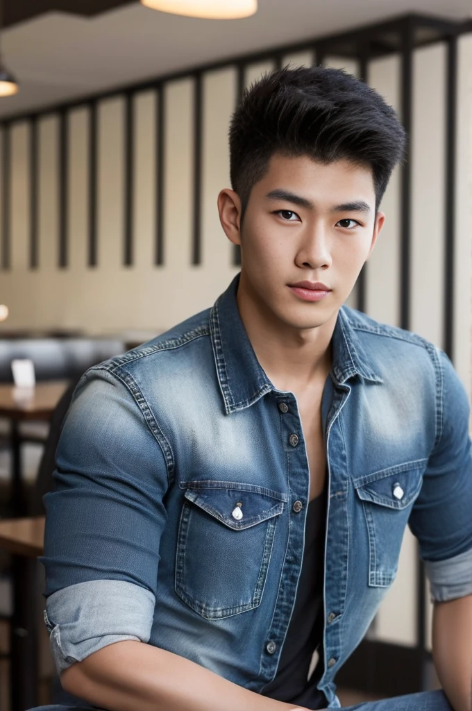((realistic daylight)) , Young Korean man in black sports shirt only, no pattern, denim shirt, jeans., A handsome, muscular young Asian man looks at the camera. , in the restaurant ,turn sideways