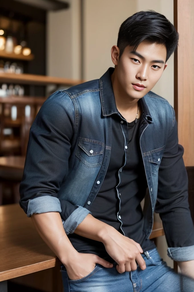 ((realistic daylight)) , Young Korean man in black sports shirt only, no pattern, denim shirt, jeans., A handsome, muscular young Asian man looks at the camera.  , in the restaurant ,turn sideways