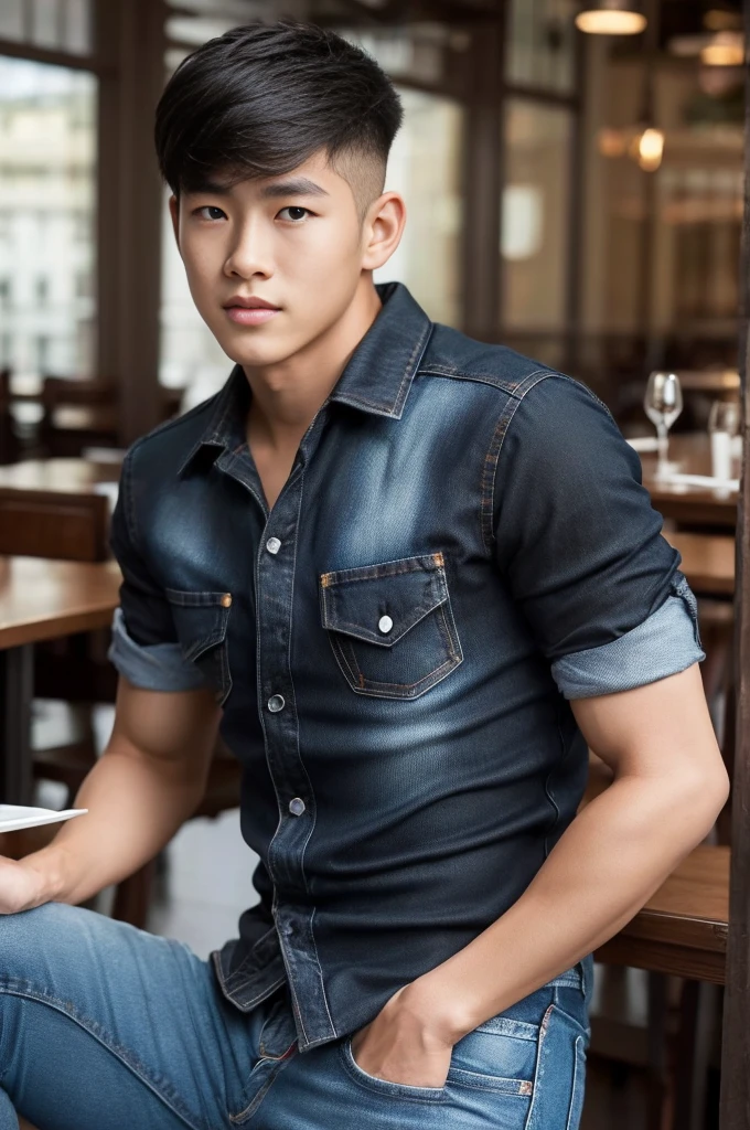 ((realistic daylight)) , Young Korean man in black sports shirt only, no pattern, denim shirt, jeans., A handsome, muscular young Asian man looks at the camera. , in the restaurant ,turn sideways