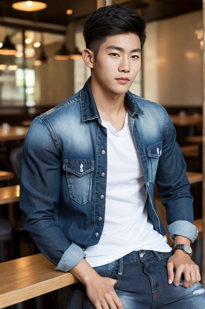 ((realistic daylight)) , Young Korean man in black sports shirt only, no pattern, denim shirt, jeans., A handsome, muscular young Asian man looks at the camera. , in the restaurant ,turn sideways