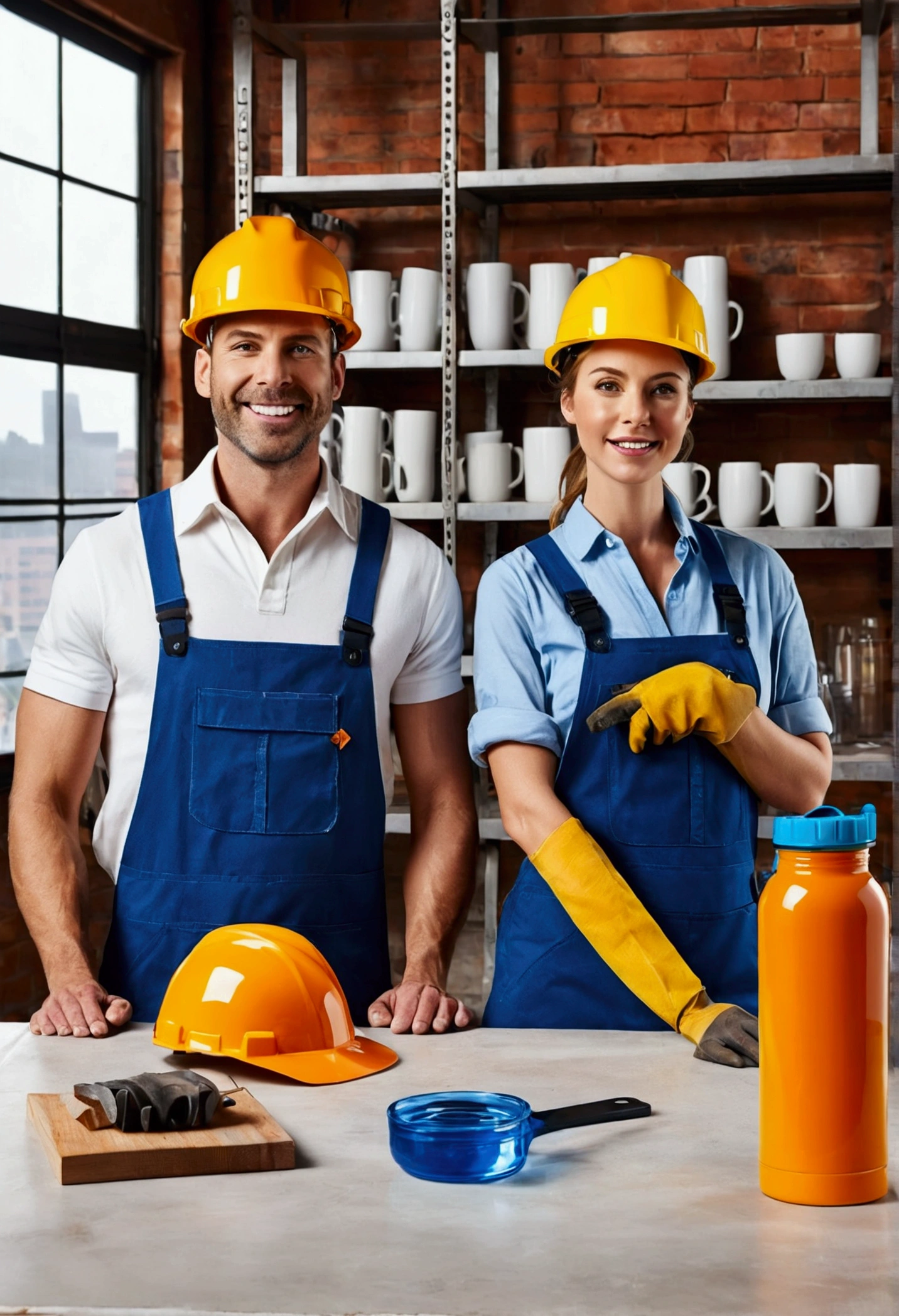 A vibrant and modern background image for a menu showcasing products like mugs and water bottles. The background should feature a man and a woman in construction attire, standing in a well-lit, industrial setting with construction tools and materials around them. The scene should be lively and colorful, with the products prominently displayed on a table or shelf in the foreground. The overall atmosphere should be welcoming and professional, suitable for a product presentation menu.