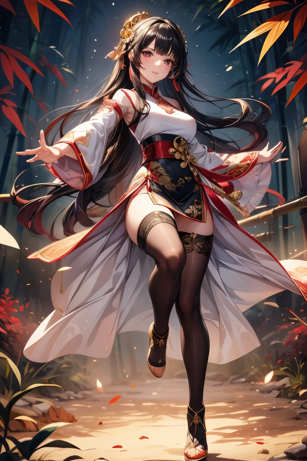 masterpiece,Highest quality,Very detailed,beautiful girl,Cheongsam with beautiful pattern,Exercise martial arts,Fearless smile, teenager,Black Hair,Beautiful and detailed eyes,skinny,Small breasts, full body,Dynamic,bamboo forest