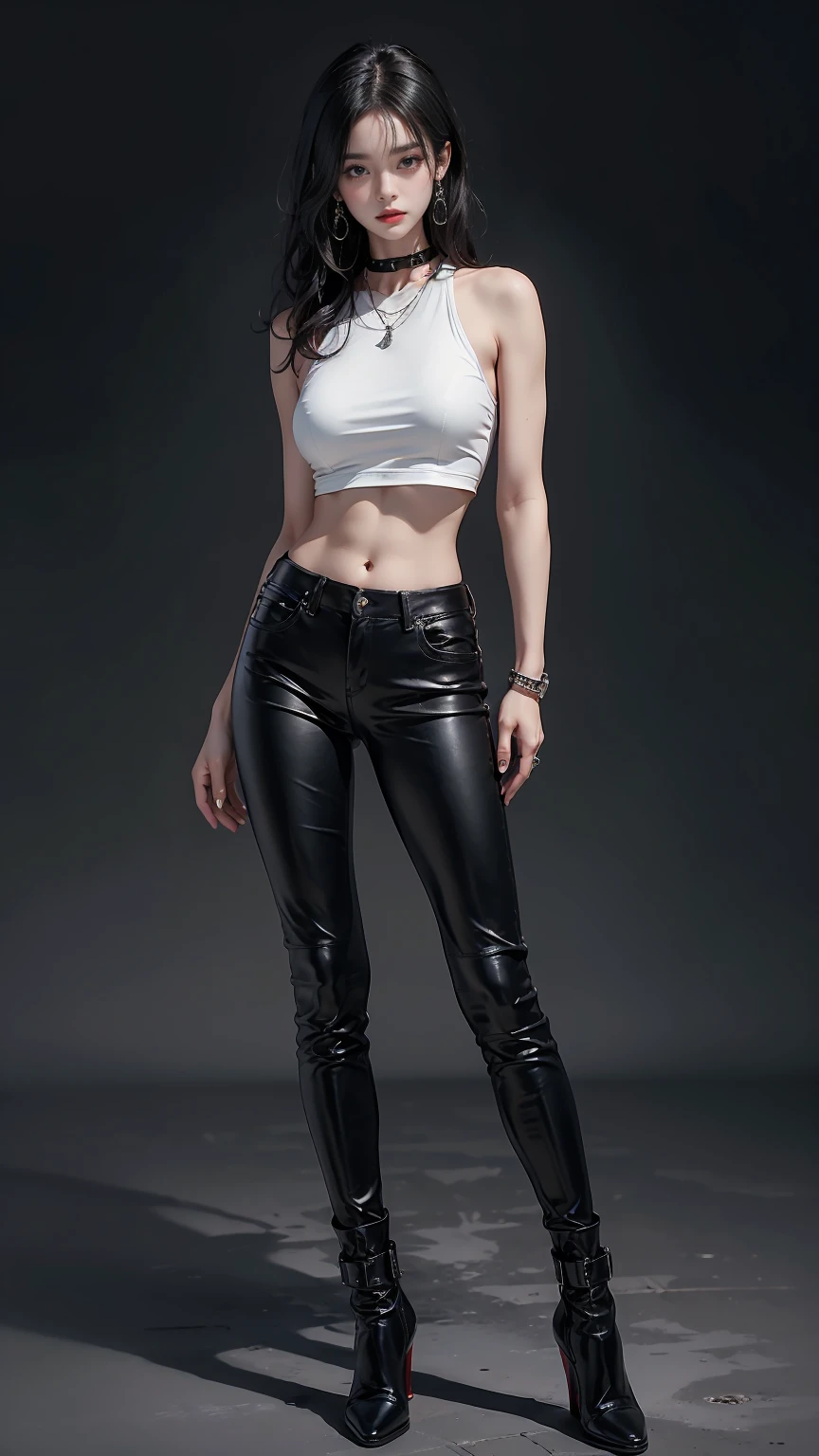 Highest quality、masterpiece、8k、Realistic、超High resolution、Very delicate and beautiful、High resolution、Muscle Girl、Perfect female body、Beautiful woman、Mature Woman、Short black hair、Curly Hair、blue eyes、Six Pack、One tattoo、Earrings、Toned body、Big Breasts、Black leather rider suit、Tank top、I can see your belly、tight black leather pants、boots、cigarette、Sexy pose、Full body emphasis、Simple Background