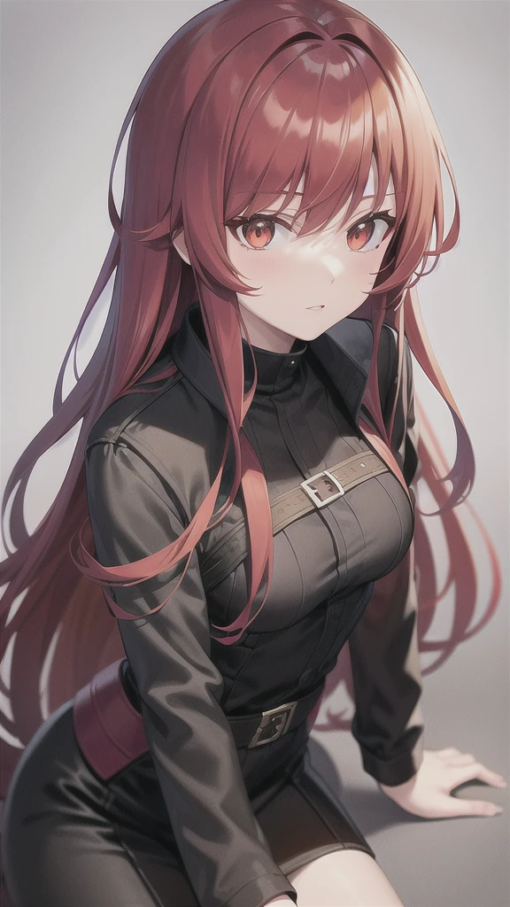 red hair, cool black jacket, white inner dress, deep orange eyes, mature and older look, animemanga girl, detailed key animation art, fully covered, red and black greatsword
