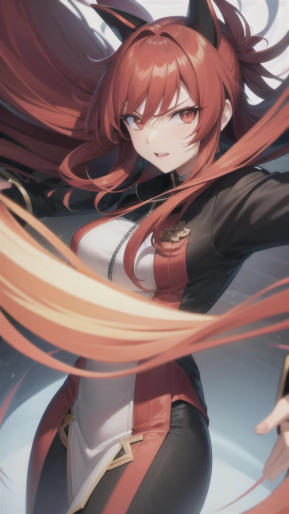 red hair, cool black jacket, white inner dress, deep orange eyes, mature and older look, animemanga girl, detailed key animation art, fully covered, red and black greatsword