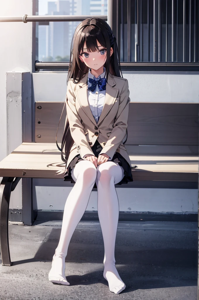 Top quality, masterpiece, High resolution, (Head to toe full body), front, frontやや下からの構図, Symmetric, Tall 18 year old girl, alone, (Head to toe), (Small breasts), bangs, (black tights), (Black Pantyhose), (Sit with your legs apart), (Crouching pose), (A composition showing white panties), (Her legs were spread、I see your white pants.), (I was made to sit on the floor with my legs spread..), (M-shaped legs), Thin legs, A very beautiful and tall 18 year old girl, (No shoes), blush, Shy big eyes, looking at the camera, Blazer Uniform, Checkered Pleated Skirt