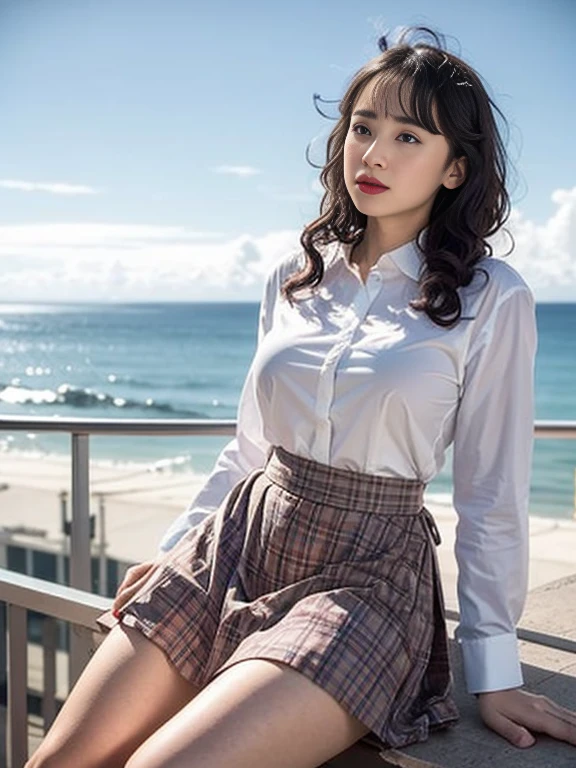 Gray background、pubic hair、Large Breasts、Thighs、Red lipstick、Curly Hair、Disheveled Hair、Cute woman、high school girl、White shirt、Checkered mile、Open chest shirt、One Woman、Gazing at the sea、Looking from below、Rooftop、Cloud、