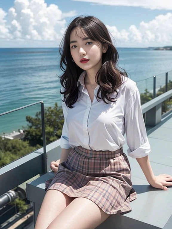 Gray background、pubic hair、Large Breasts、Thighs、Red lipstick、Curly Hair、Disheveled Hair、Cute woman、high school girl、White shirt、Checkered mile、Open chest shirt、One Woman、Gazing at the sea、Looking from below、Rooftop、Cloud、