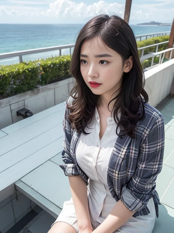 Gray background、pubic hair、Large Breasts、Thighs、Red lipstick、Curly Hair、Disheveled Hair、Cute woman、high school girl、White shirt、Checkered mile、Open chest shirt、One Woman、Gazing at the sea、Looking from below、Rooftop、Cloud、
