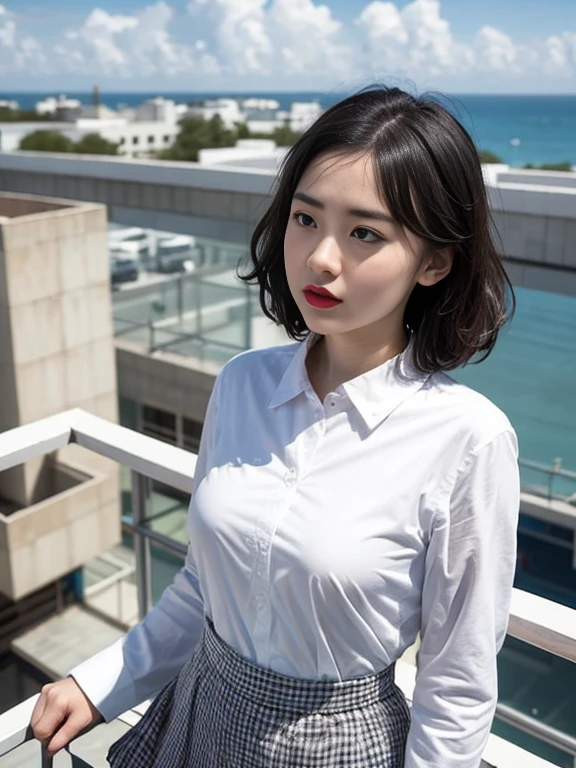 Gray background、pubic hair、Large Breasts、Thighs、Red lipstick、Curly Hair、Disheveled Hair、Cute woman、high school girl、White shirt、Checkered mile、Open chest shirt、One Woman、Gazing at the sea、Looking from below、Rooftop、Cloud、