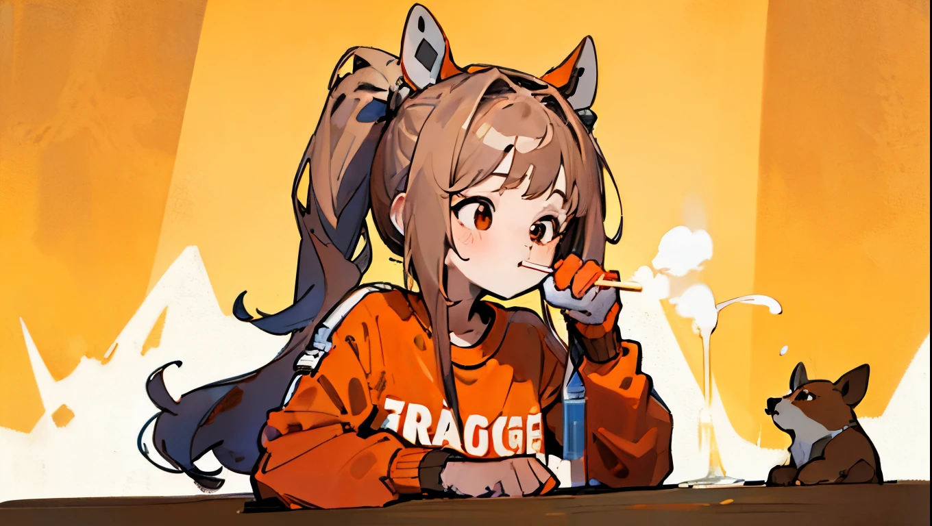 (Masterpiece,Highest quality),(Maximum details),1 woman,18 years old,Cute face,Long brown and orange hair,has brown dog ears,brown eyes,Ponytail,Half-body picture,Wear an orange t-shirt with a cute dog pattern.,Drinking water using one straw,Every picture is the same.
