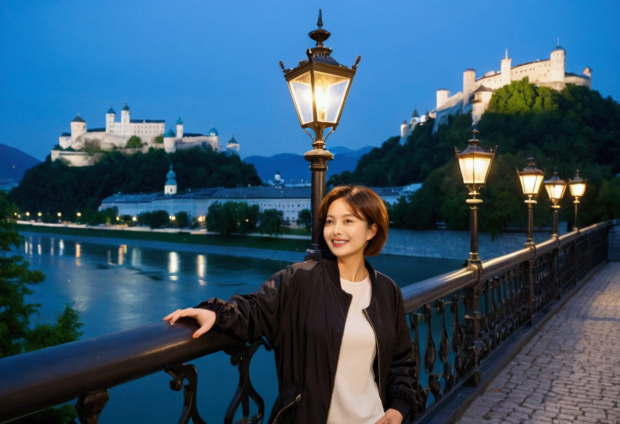 high quality, 1 woman, ((36 years old 건강한 한국 여성)), ((36 years old)), 1 woman, The eyes are big and beautiful. ((slim)), ((short medium hair)), laugh. pose: standing, windbreaker jacket, background:Your residence is a baroque townhouse with a plaster façade and wrought iron railings.... Overlooking the Salzach River and Hohensalzburg Fortress, night view, Street lamp, looking slightly upward, 1 woman, Full body shot with Canon 16-34 wide angle lens, View: river view, look up to the side