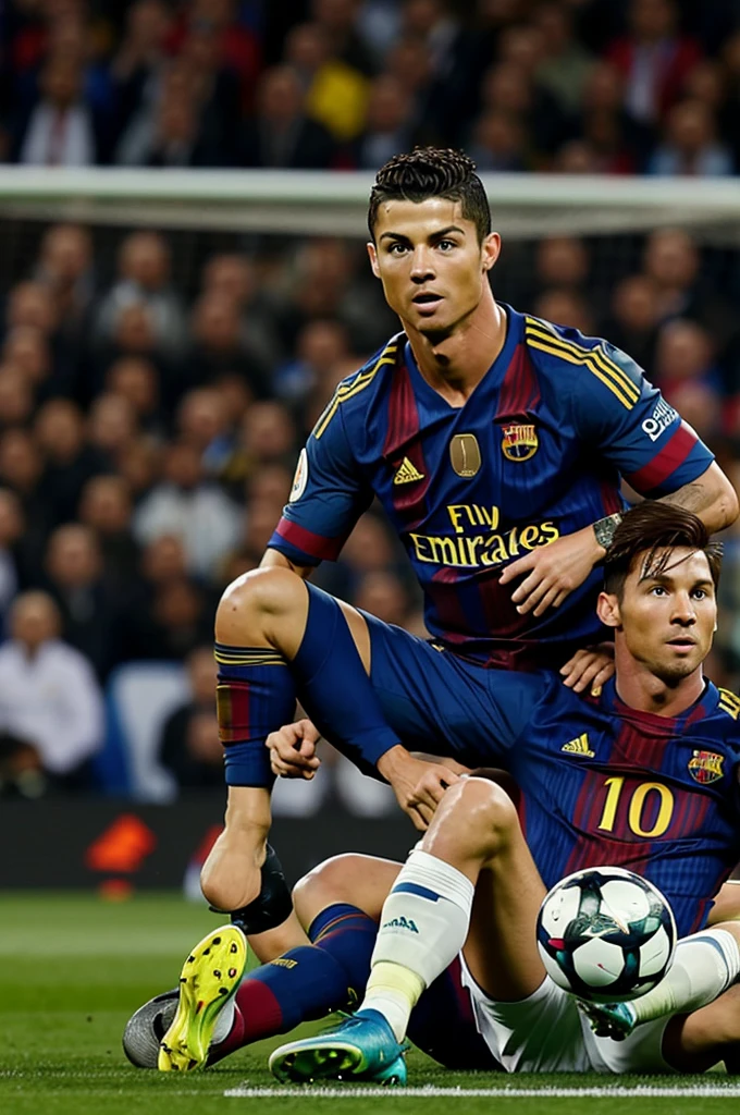 Cristiano Ronaldo sitting on top of Messi