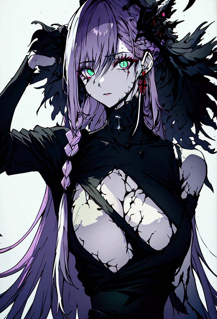 sketch (Character design sheet, same characters, whole body, Three-View, front, ~ ~ ~ ~ side, return),(Very bright:1.1), Sunset background, [1 Girl:7], (Tilt your head:1.2), ([sketch|watercolor \(Moderate\)]:1.15),Chaotic Abstractionな背景, Vector Trace, グラデーションブレンディング and whole body, Artistic elements add depth to the work. The overall atmosphere is creepy and nightmarish...., With a unique artistic touch. This movie is、The dark and crazy world of horror movies depicted in HD., Evoke visual stimuli and aesthetic sense, that will terrify and excite the audience....,watercolor画, （Lightless, Eyes without highlights, evil eye, An ugly person with white eyes, that&#39;Red eyeliner）,whole body絵, Wearing a maid outfit （Gradient braided hair, (Light purple hair), (Ink blotches:1.1), (pale:1.2),(Light purple:1.2),(Light green:1.2)　Adult features,expensive, Wearing black tights,Green Eyes, The skin is hidden　and maid, The background is a dark and desolate landscape, Horror movie atmosphere. Her figure is very beautiful, Emphasizing the dark and crazy elements. Skillfully expressing the effects of light and shadow, detailed, The face and expression of the black costume are also carefully drawn....,sketch (Character design sheet, same characters, whole body, Three-View, front, ~ ~ ~ ~ side, return) 1 female, Nervous,Cowboy Shot,,(Very bright:1.1), White Background, [1 Girl:7], (Tilt your head:1.2), ([sketch|watercolor \(Moderate\)]:1.15),Chaotic Abstraction