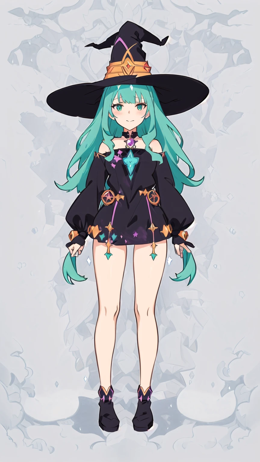 a cartoon girl in a witch costume with a hat and boots, witch girl, astral witch clothes, flirty anime witch casting magic, bright witch, full body character design, witchcore clothes, witch academia, anime full body illustration, anime character design, dark witch character, mechanized witch girl, witch clothes, , anime in fantasy style. style color is watercolor
