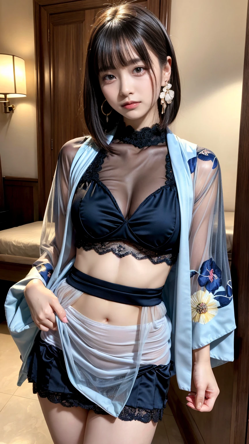 NSFW,sexly,(Good,+beautiful detailed Panties with colorful floral embroidery and gorgeous embroidery +:1.5),Salute,(Flower motif lingerie),(Gorgeous:1.2),(Lace,Detailed:1.3),(See-through:1.6),Small round breasts,
break
Earrings、(((Trendy hairstyles))), (eyebrows hidden by hair),( hair ornament, hair clips), Wavy Hair, medium breasts,thin lips,(Slender),Happy,BREAK
masterpiece, Best Quality,(Photorealistic: 1.4),Ultra High Resolution, Unity 8k Wallpaper, (Beautiful detailed eyes:1.6),Symmetrical, extra detailed face, Perfect Lighting, (Perfect hands, Perfect Anatomy),