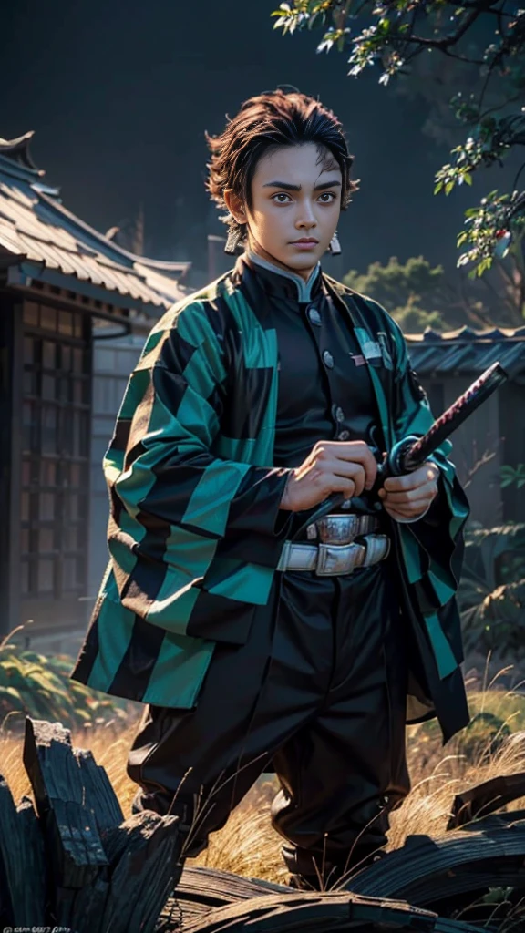 a beautiful ultra-detailed realistic man, Tanziro Kamado from Demon Slayer, very handsome, standing in the night sky holding a flaming katana, starry, a grassy field, beautiful face with shining eyes, perfect body, gentle and loving expression, masterpiece , 8k, HDR, professional lighting, cinematic, dramatic