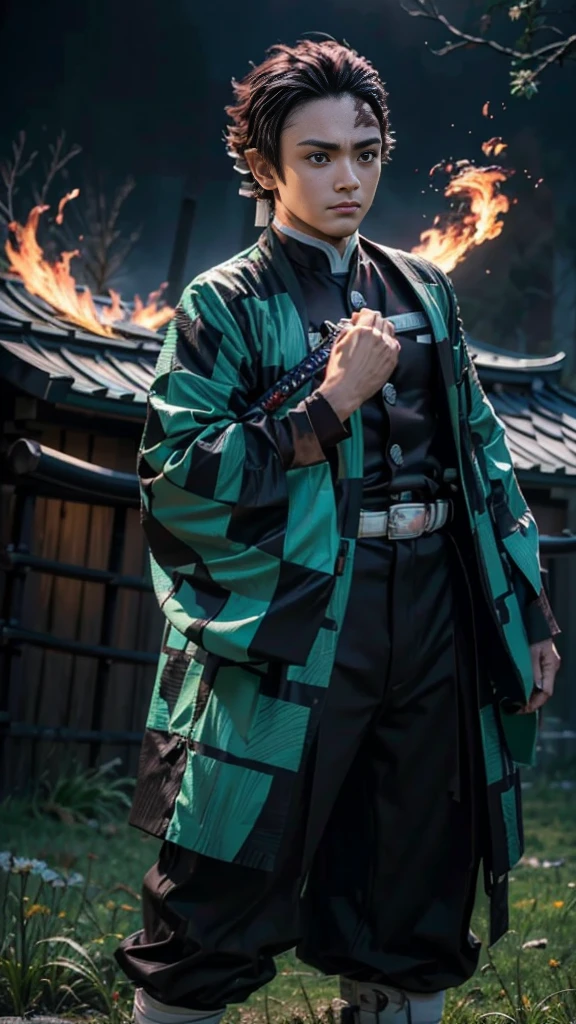 a beautiful ultra-detailed realistic man, Tanziro Kamado from Demon Slayer, very handsome, standing in the night sky holding a flaming katana, starry, a grassy field, beautiful face with shining eyes, perfect body, gentle and loving expression, masterpiece , 8k, HDR, professional lighting, cinematic, dramatic