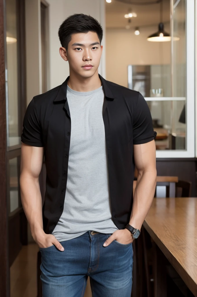 ((realistic daylight)) , Young Korean man in black sports shirt only, no pattern, denim shirt, jeans., A handsome, muscular young Asian man looks at the camera. , in the restaurant ,turn sideways