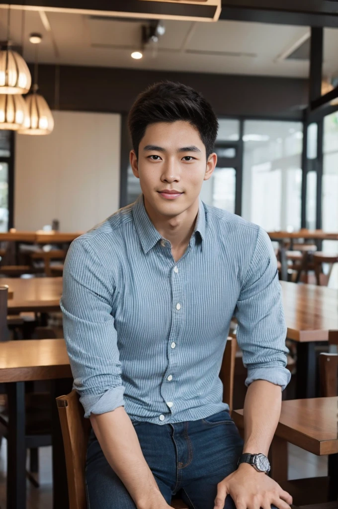 ((realistic daylight)) , Young Korean man in black sports shirt only, no pattern, denim shirt, jeans., A handsome, muscular young Asian man looks at the camera.  , in the restaurant ,turn sideways