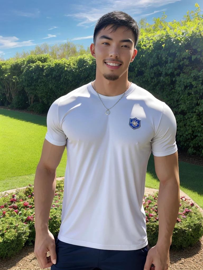 Tony Labrusca, (As a matter of fact, Masterpiece, 8k HD, good light quality, sportswear, fit the face, complicated details), A handsome, muscular young Korean man. , 20 years old, be happy, smile brightly, detailed face, delicate eyes, มองดูsky, Wear a navy tight T-shirt., period, black eyes, Black hair color, ผมsmooth, smooth, outdoor sports, Along the garden, Sunny,sky,Surreal,Awesome details,Highest quality,real,