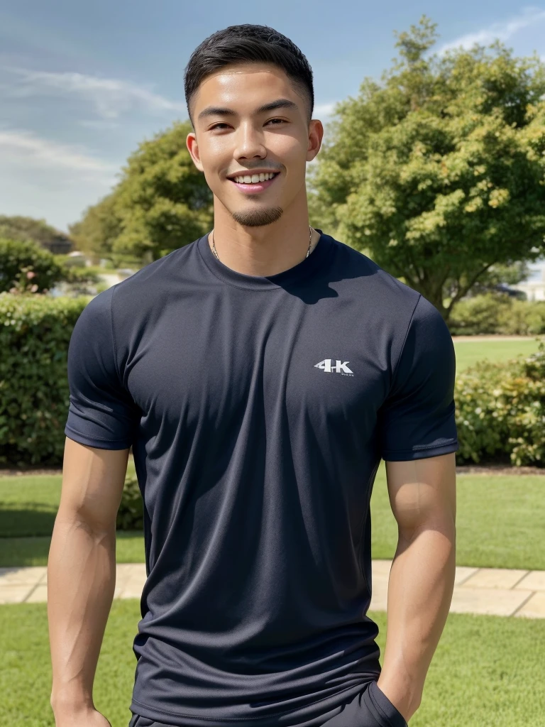 Tony Labrusca, (As a matter of fact, Masterpiece, 8k HD, good light quality, sportswear, fit the face, complicated details), A handsome, muscular young Korean man. , 20 years old, be happy, smile brightly, detailed face, delicate eyes, มองดูsky, Wear a navy tight T-shirt., period, black eyes, Black hair color, ผมsmooth, smooth, outdoor sports, Along the garden, Sunny,sky,Surreal,Awesome details,Highest quality,real,