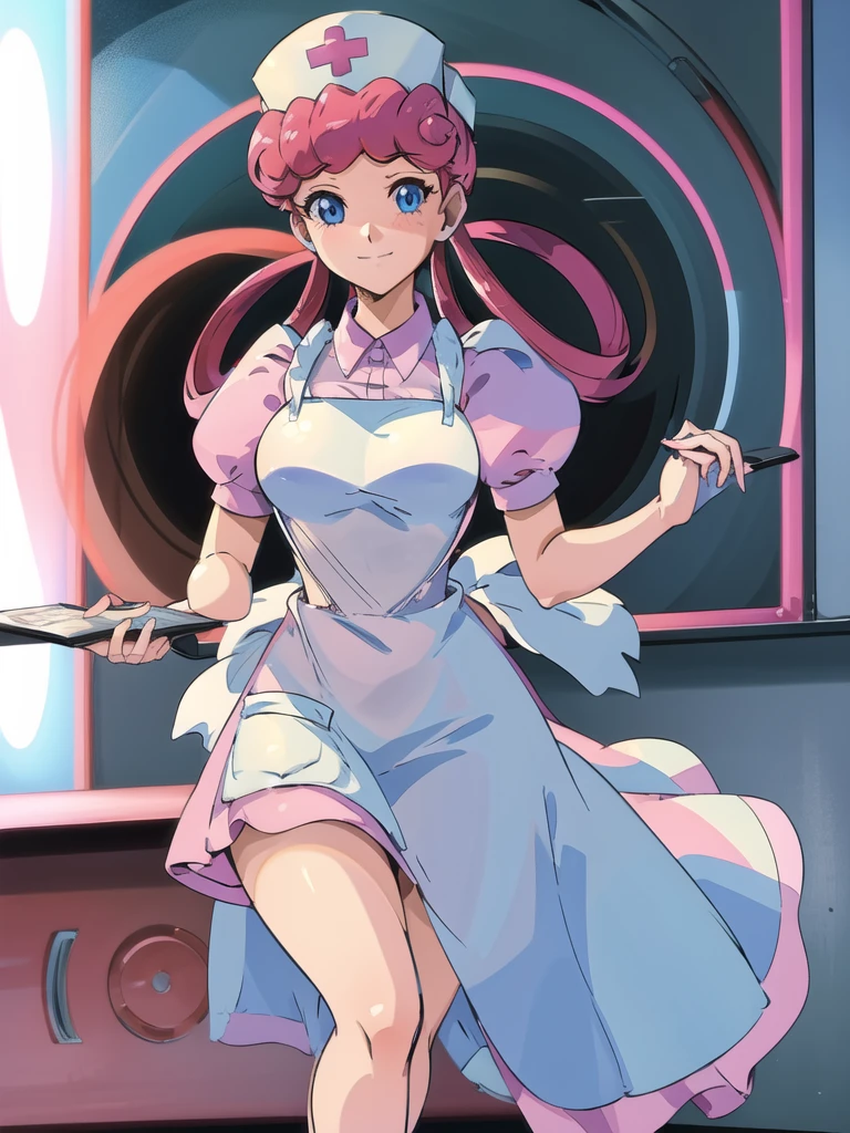 (masterpiece, best quality:1.2), nurse joy, pokemon, blue eyes, closed mouth, long hair, pink hair, short sleeves, nurse, blush, holding, puffy short sleeves, large breasts, puffy sleeves, nurse cap, 1girl, looking at viewer, smile, solo, hat, dress, apron, hair rings, clipboard