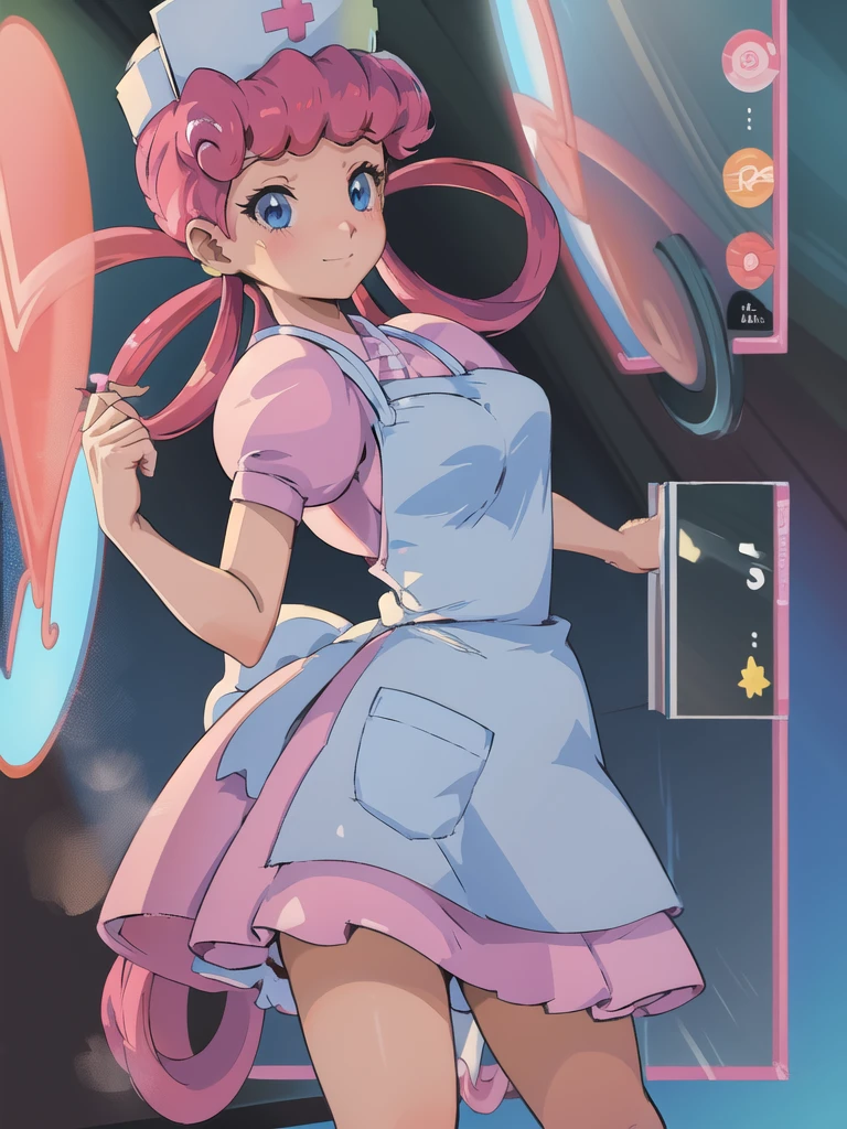 (masterpiece, best quality:1.2), nurse joy, pokemon, blue eyes, closed mouth, long hair, pink hair, short sleeves, nurse, blush, holding, puffy short sleeves, large breasts, puffy sleeves,  nurse cap, 1girl, looking at viewer, smile, solo, hat, dress, apron, hair rings, clipboard 