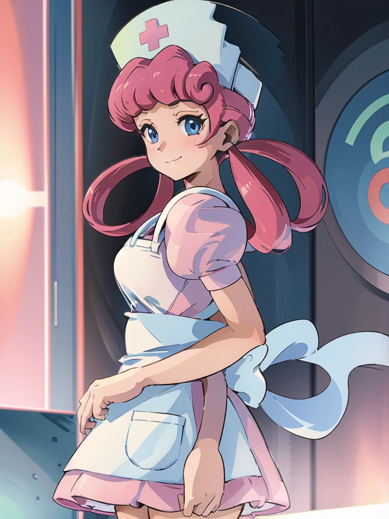 (masterpiece, best quality:1.2), nurse joy, pokemon, blue eyes, closed mouth, long hair, pink hair, short sleeves, nurse, blush, holding, puffy short sleeves, large breasts, puffy sleeves, nurse cap, 1girl, looking at viewer, smile, solo, hat, dress, apron, hair rings, clipboard